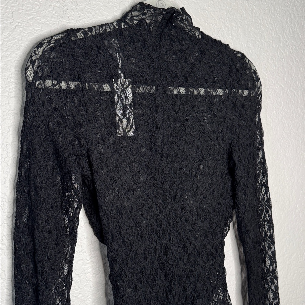 NWT Naked Wardrobe Black Lace Sheer Long Sleeve Bodysuit Large Ruched Mock Neck - Picture 8 of 11